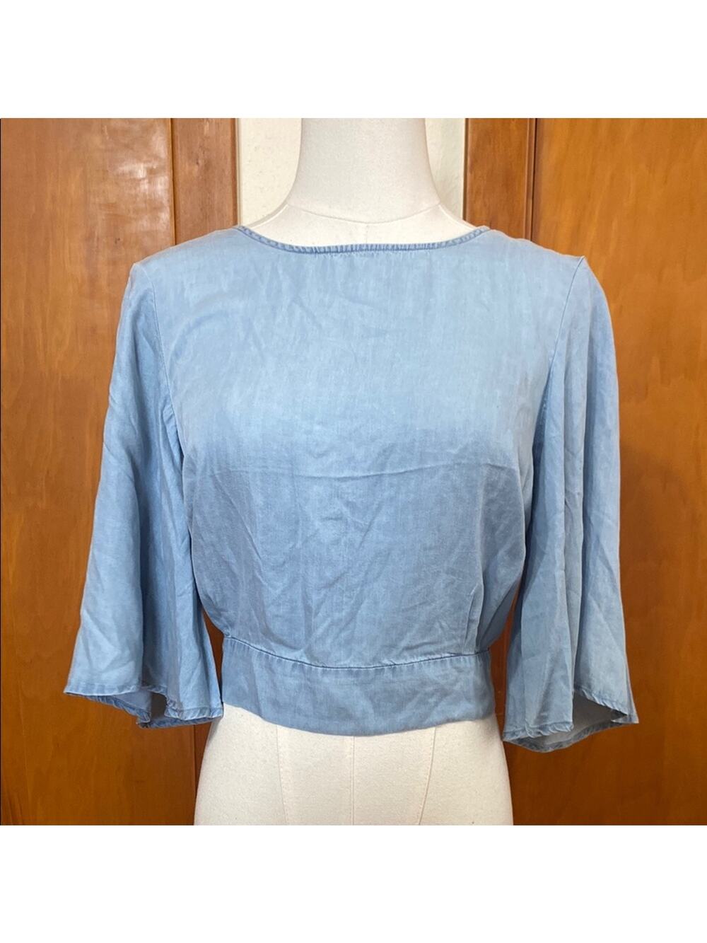 Jack by BB Dakota | Light Blue Denim Color Bell Sleeve Crop Blouse Back Tie Boho
